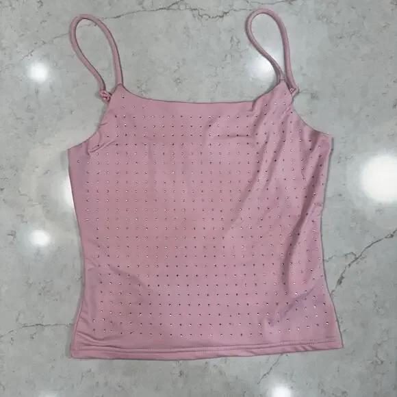 Pink Rhinestone Cami Tank Top Women's Small Y2K Barbiecore Festival Layering - Picture 15 of 16